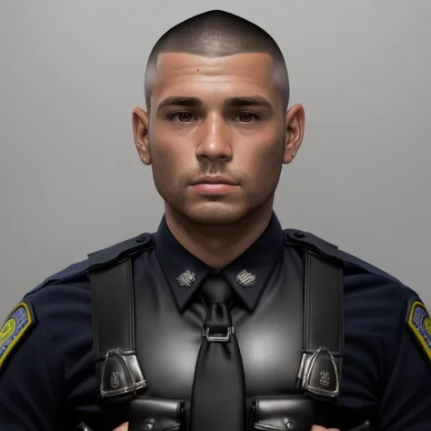 solo,bara,male focus,upper body,looking at viewer,night,stubble,shoulder,broad shoulders,high quality,dark skin,highly detailed,high quality,simple background,realistic,bodysuit,buzz cut,police,<lyco:takahirosi-33:0.8>,