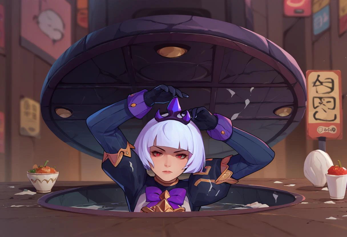 score_9, score_8_up, score_7_up, 1girl, Majima everywhere, manhole cover, arm up, <lora:Majima everywhere 3-000009:1> <lora:OrpheaPonyXLP:1> Orphea, tiara, white hair, short hair, red eyes, gown, puffy sleeves, black gloves, purple bow,