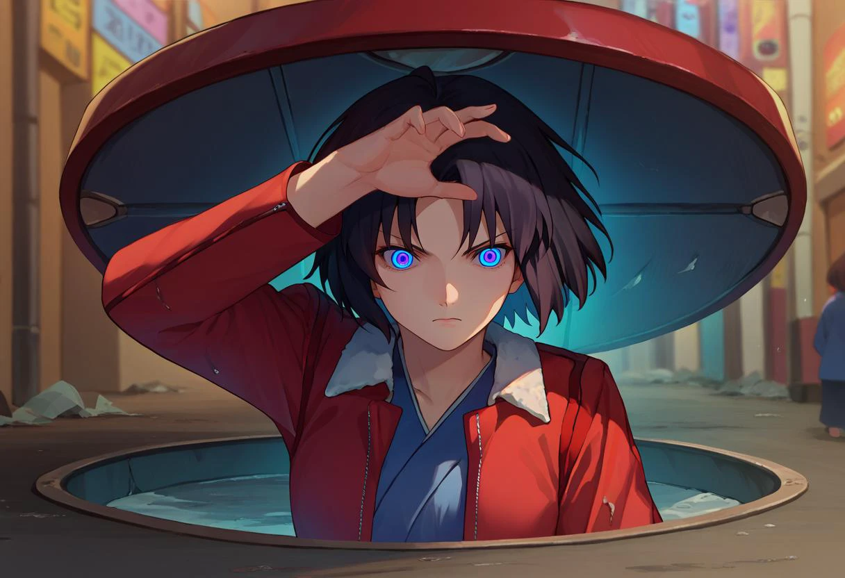 score_9, score_8_up, score_7_up, 1girl, Majima everywhere, manhole cover, arm up, <lora:Majima everywhere 3-000009:1> <lora:Shiki:1> ryougi shiki, short hair, black hair, blue eyes, glowing eyes, red leather jacket, blue kimono, fur trim