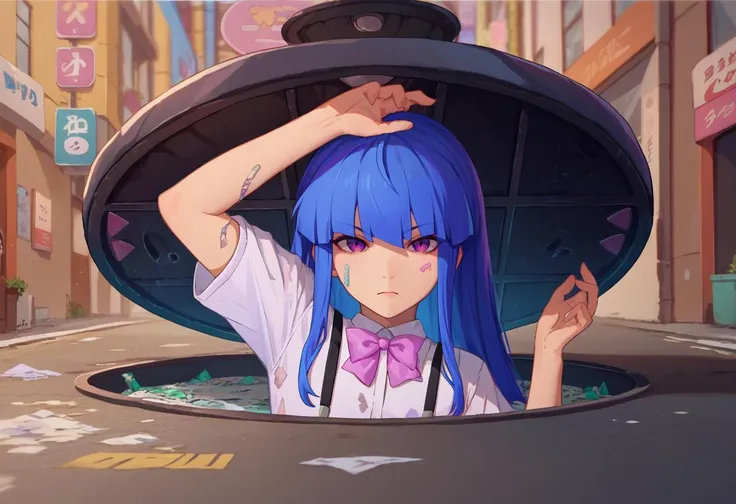 score_9, score_8_up, score_7_up,  1girl, Majima everywhere, manhole cover, arm up, <lora:Majima everywhere 3-000009:1>         <lora:Furude Rika:1> furude rika, blue hair, purple eyes,  white shirt, pink bow, suspenders,  street,