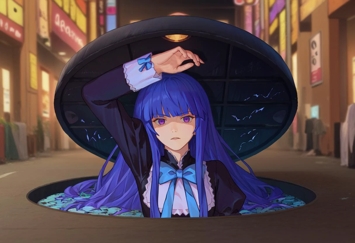 score_9, score_8_up, score_7_up, 1girl, Majima everywhere, manhole cover, arm up, <lora:Majima everywhere 3-000009:1> <lora:BernCAMENoiise:1> frederica bernkastel, long hair, blue hair, purple eyes, black dress, blue bow,