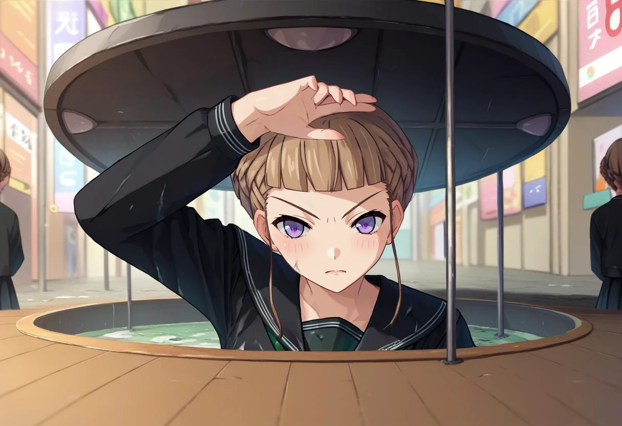 score_9, score_8_up, score_7_up, 1girl, Majima everywhere, manhole cover, arm up, <lora:Majima everywhere 3-000009:1> <lora:Nemu DoRA:1> Manaka Nemu, braided hair, purple eyes, sidelocks, black serafuku, white stripes, long sleeves, green necktie,