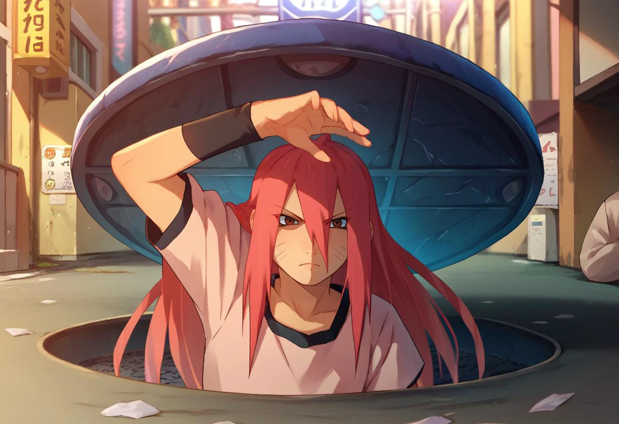score_9, score_8_up, score_7_up, 1girl, Majima everywhere, manhole cover, arm up, <lora:Majima everywhere 3-000009:1> <lora:Tayuya:1> tayuya, red hair, long hair, brown eyes, tan tunic, arm warmers, street,