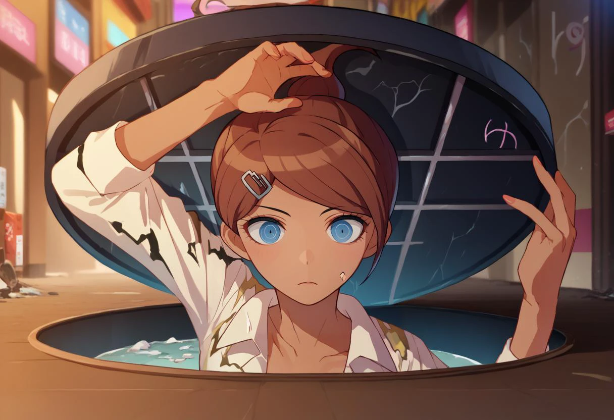 score_9, score_8_up, score_7_up, 1girl, Majima everywhere, manhole cover, arm up, <lora:Majima everywhere 3-000009:1> <lora:Asahina Aoi0doughnut:1> Hina, brown hair, ponytail, blue eyes, dark-skinned female, hairpin,