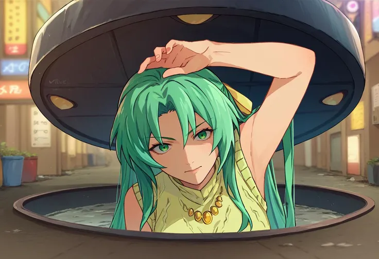 score_9, score_8_up, score_7_up,  1girl, Majima everywhere, manhole cover, arm up, <lora:Majima everywhere 3-000009:1>         <lora:Shion DORAV3:1> ShionSW, green hair, long hair, green eyes, hair ribbon, white turtleneck sweater, yellow necklace, sleeveless,