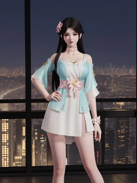 YJWJyingzipingBS, 1girl, solo, dress,long hair, hair flower, black hair, choker, bare legs, looking at viewer,jewelry,cityscape, night, mature female, short sleeves, <lora:YJWJyingzipingBSii:0.75>,hand on hip,