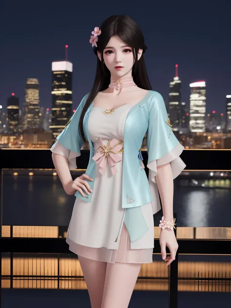 YJWJyingzipingBS, 1girl, solo, dress,long hair, hair flower, black hair, choker, bare legs, looking at viewer,jewelry,cityscape, night, mature female, short sleeves, <lora:YJWJyingzipingBSii:0.75>,hand on hip,