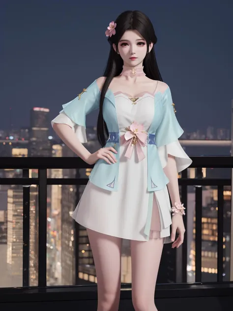 YJWJyingzipingBS, 1girl, solo, dress,long hair, hair flower, black hair, choker, bare legs, looking at viewer,jewelry,cityscape, night, mature female, short sleeves, <lora:YJWJyingzipingBSii:0.75>,hand on hip,