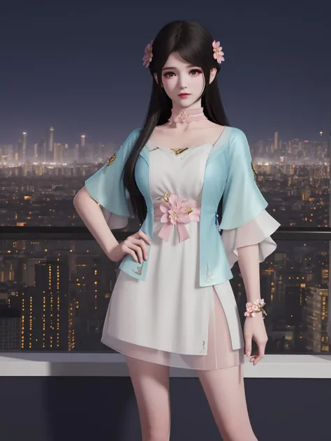 long hair, jewelry, hair ornament, cleavage, shirt, belt,pouch, belt pouch, thighs, cityscape, night, standing, short sleeves, <lora:moyi_20230712223009-000008:0.75>