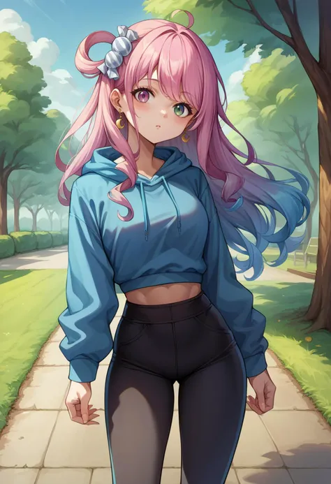 score_9, score_8_up, source_anime, HimemoriLuna, heterochromia, long hair, single hair ring, candy hair ornament, outdoors, park, blue hoodie, high-waist pants, yoga pants, black pants, light blush, <lora:ChamHimemoriLunaPonyXL:0.9>
