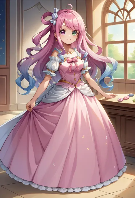 score_9, score_8_up, source_anime, HimemoriLuna, heterochromia, long hair, single hair ring, candy hair ornament, long dress, pink dress, frills, bow, :d, sparkles, sparkling, smile, indoors, standing, <lora:ChamHimemoriLunaPonyXL:0.9>