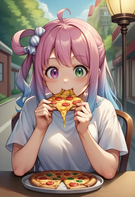 score_9, score_8_up, source_anime, HimemoriLuna, heterochromia, long hair, single hair ring, candy hair ornament, t-shirt, eating, table, upper body, pizza, happy, lamp, outdoors, street, lamppost, <lora:ChamHimemoriLunaPonyXL:0.9>