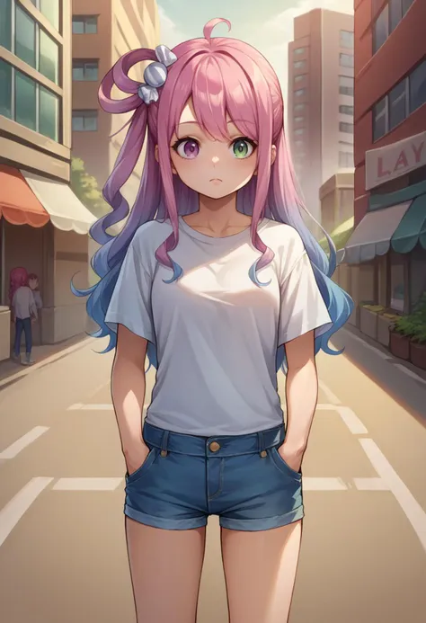 score_9, score_8_up, source_anime, HimemoriLuna, heterochromia, long hair, single hair ring, candy hair ornament, t-shirt, denim shorts, standing, outdoors, city, hands in pockets, <lora:ChamHimemoriLunaPonyXL:0.9>