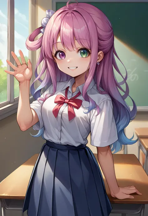 score_9, score_8_up, source_anime, HimemoriLuna, heterochromia, long hair, single hair ring, candy hair ornament, classroom, window, school uniform, dress shirt, pleated skirt, waving at viewer, smile, <lora:ChamHimemoriLunaPonyXL:0.9>