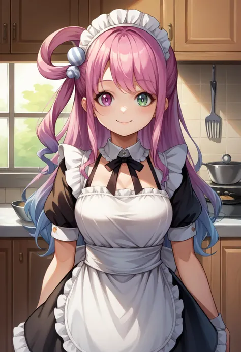 score_9, score_8_up, source_anime, HimemoriLuna, heterochromia, long hair, single hair ring, candy hair ornament, maid, maid headdress, maid apron, kitchen, smile, <lora:ChamHimemoriLunaPonyXL:0.9>