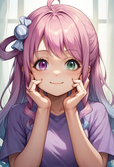 score_9, score_8_up, source_anime, HimemoriLuna, heterochromia, long hair, single hair ring, candy hair ornament, purple shirt, light smile, head tilt, hands on own cheeks, <lora:ChamHimemoriLunaPonyXL:0.9>