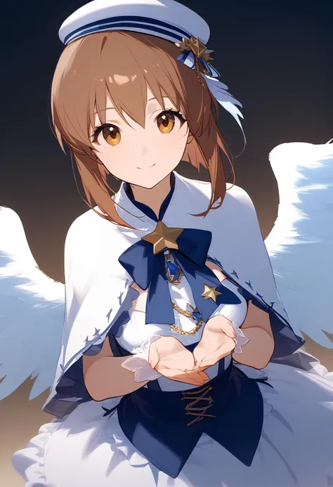 1girl,dress,hagiwara yukiho,smile,solo,angel wings,looking at viewer,star \(symbol\),capelet,feathers,hat,<lora:a31_char_new_hagiwara_yukiho:1>masterpiece, best quality, absurdres<lora:a31_style_koni-000010:0.8>