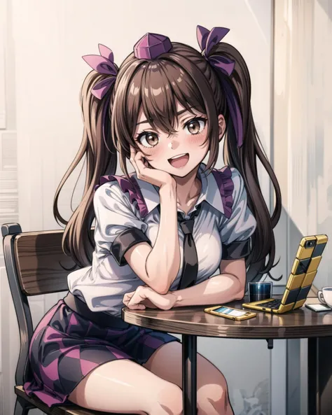 <lora:HimekaidouHatate:1>, 1girl, solo, himekaidou hatate, hat, skirt, brown hair, shirt, holding, twintails, crossed legs, short sleeves, sitting, open mouth, brown eyes, tokin hat, looking at viewer, checkered clothes, hair ribbon, checkered skirt, table, necktie, ribbon, phone, puffy sleeves, black necktie, purple headwear, puffy short sleeves, purple skirt, white shirt, hand on own face, smile, long hair, hair between eyes, cellphone, collarbone, bangs, holding phone, feet out of frame, bench, simple background, elbow rest, hand on own cheek, :d, thighs, head tilt, collared shirt, purple ribbon, miniskirt, blush, wooden table, sidelocks, arm rest, breasts, head rest, chair, <lora:add_detail:0.65>, masterpiece, best quality