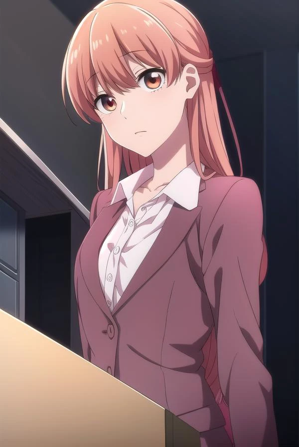 narumimomose, <lyco:narumimomose-lyco-nochekaiser:1>,
narumi momose, long hair, brown eyes,
BREAK skirt, shirt, jacket, formal, suit, pencil skirt, office lady, skirt suit,
BREAK looking at viewer,
BREAK indoors,
BREAK <lora:GoodHands-vanilla:1>, (masterpiece:1.2), best quality, high resolution, unity 8k wallpaper, (illustration:0.8), (beautiful detailed eyes:1.6), extremely detailed face, perfect lighting, extremely detailed CG, (perfect hands, perfect anatomy),