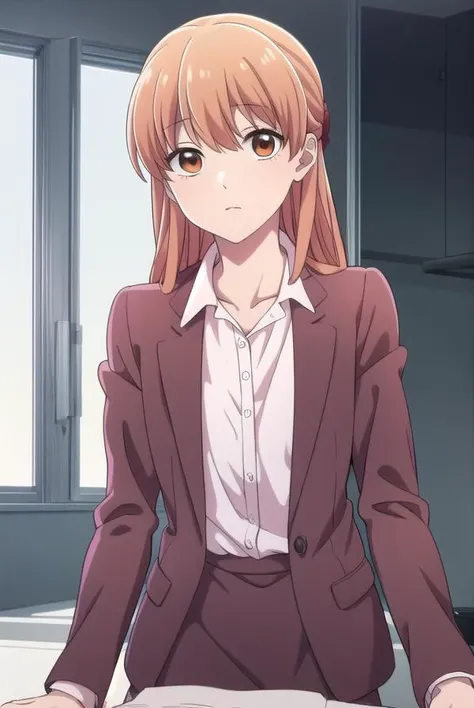 narumimomose, <lyco:narumimomose-lyco-nochekaiser:1>,
narumi momose, long hair, (brown eyes:1.2),
BREAK skirt, shirt, jacket, formal, suit, pencil skirt, office lady, skirt suit,
BREAK looking at viewer,
BREAK indoors,
BREAK <lora:GoodHands-vanilla:1>, (masterpiece:1.2), best quality, high resolution, unity 8k wallpaper, (illustration:0.8), (beautiful detailed eyes:1.6), extremely detailed face, perfect lighting, extremely detailed CG, (perfect hands, perfect anatomy),