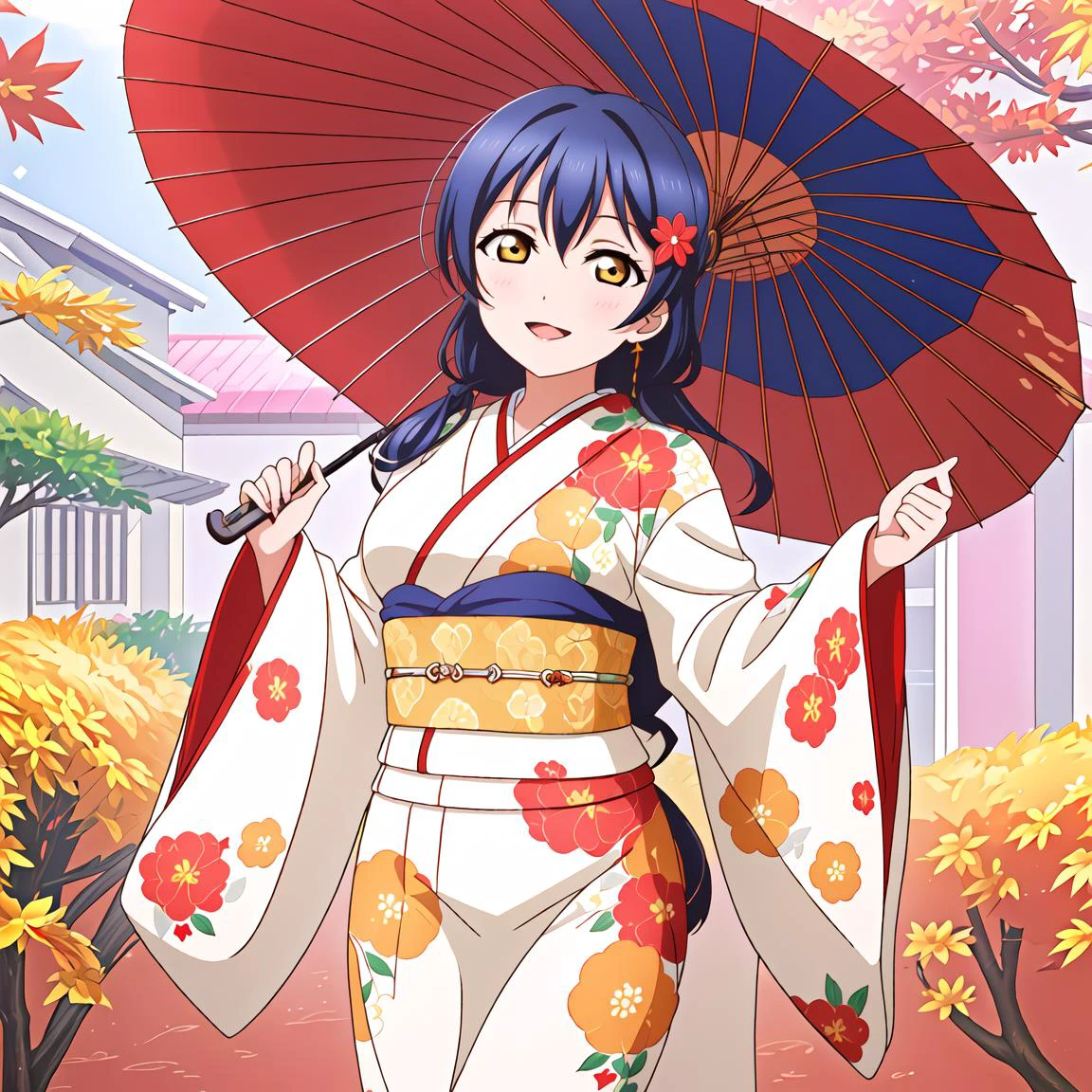 <lora:LLAS_v30:0.233> <lora:Lovelive:0.233> <lora:GoodHands-beta2:0.4> <lora:veye3:0.167> <lora:LessHighlightEyes:-0.233> <lora:colorize:0.167> <lora:hyperrefiner_v090:0.267> <lora:parasol:0.167>
(best quality:2.0), (highres:2.0), (perfect anatomy:1.4), (beautiful eyes:1.4), (detailed face and eyes:1.2),
(love live!:0.1), (masterpiece:1.2), perfect lighting, vivid color,
(lips:1.1), (huge breasts:1.2), narrow waist, (blush:1.2), smile, (long hair:1.6), straight hair,
(maple leaf:1.2), (autumn leaves:1.2), autumn, hair flower,
(1girl:1.2, solo:1.2), (cowboy shot:1.2), (furisode:1.4, floral print:1.3), kimono, (oil-paper umbrella:1.5), (holding umbrella:1.6)
ADDCOMM
<lora:UmiLL_v1:0.267:0.267:lbw=LBW_LL>
(love live! school idol project:1.2), (Yellow Eyes:1.5), (sonoda umi:1.2), (Blue hair:1.1), swept bangs, hair between eyes,
(1girl:1.2, solo:1.2), (cowboy shot:1.2), (furisode:1.4, floral print:1.3), kimono, (oil-paper umbrella:1.5), (holding umbrella:1.6)
ADDROW
<lora:furisode:1>
(intricate details:1.5), (floral print:1.3),
(1girl:1.2, solo:1.2), (cowboy shot:1.2), (furisode:1.4, floral print:1.3), kimono, (oil-paper umbrella:1.5), (holding umbrella:1.6)