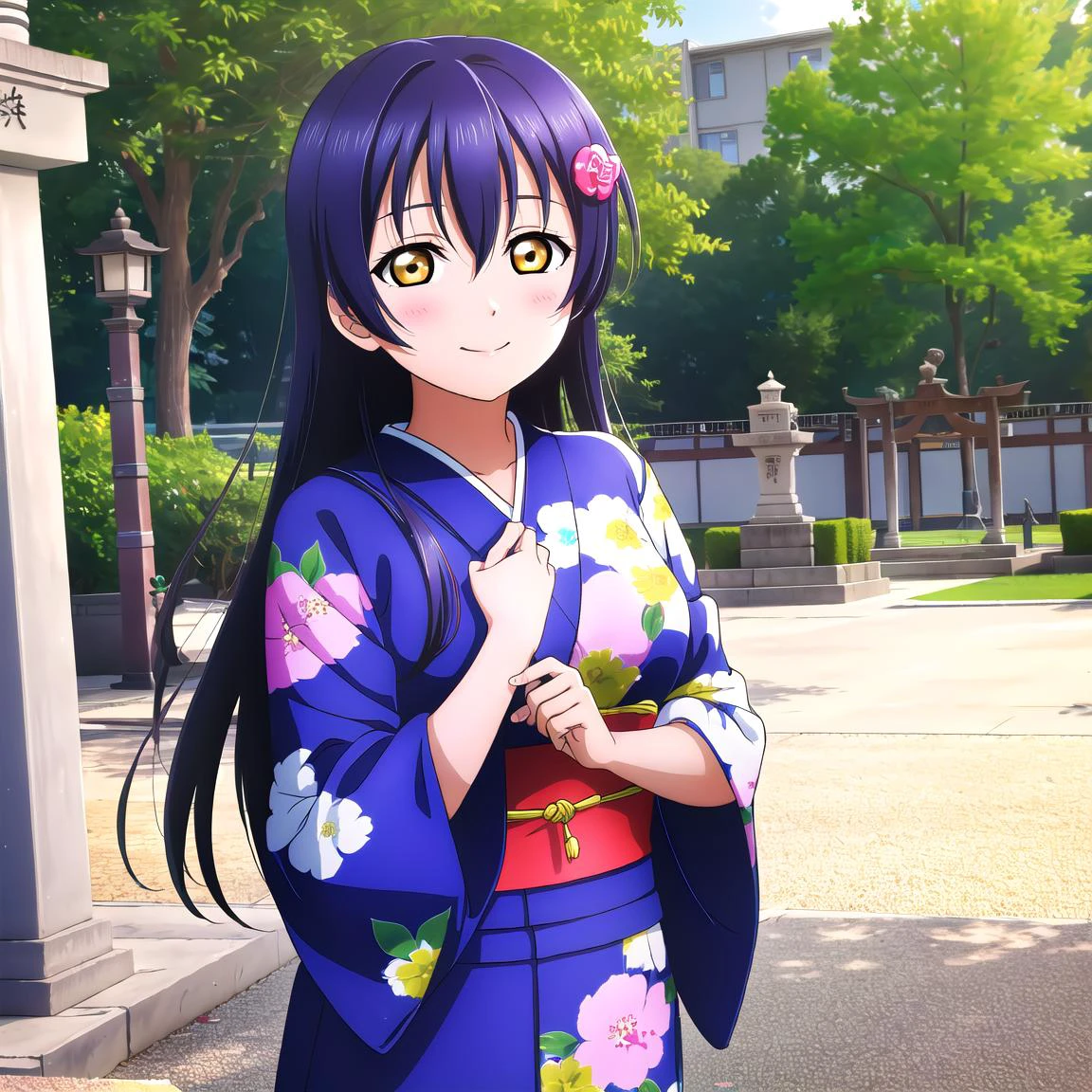 <lora:LLAS_v30:0.35:0.35:lbw=LBW_LLASV2> <lora:Lovelive:0.2:0.2:lbw=LBW_LoveliveV4> <lora:GoodHands-beta2:0.5> <lora:LessHighlightEyes:-0.2> <lora:JAPAN_Scenery_Jinjya_SD15_V2:0.5>
(best quality:2.0), (highres:2.0), (perfect anatomy:1.4), (perfect lighting:1.4), (vivid color:1.4), (detailed face and eyes:1.2),
(1girl:1.2, solo:1.2), upper body, ((Blue kimono:1.1), (floral print:1.1)), (hair ornament:1.2), (jinzya:1.5), torii, shrine, day, sunlight, outdoors
ADDCOMM
<lora:UmiLL_v1:0.4:0.4:lbw=LBW_LL>
(best quality:2.0), (highres:2.0), (perfect anatomy:1.4), (perfect lighting:1.4), (vivid color:1.4), (detailed face and eyes:1.2),
(aged down:1.1), (big pupils:1.1), (Yellow Eyes:1.3), (sonoda umi:1.2), Blue hair, (long hair:1.2), straight hair, swept bangs, hair between eyes, (lips:0.8), large breasts, narrow waist, blush, (closed mouth:1.4), smile