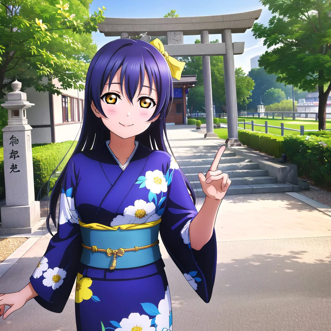 <lora:LLAS_v30:0.35:0.35:lbw=LBW_LLASV2> <lora:Lovelive:0.2:0.2:lbw=LBW_LoveliveV4> <lora:GoodHands-beta2:0.5> <lora:LessHighlightEyes:-0.2> <lora:JAPAN_Scenery_Jinjya_SD15_V2:0.5>
(best quality:2.0), (highres:2.0), (perfect anatomy:1.4), (perfect lighting:1.4), (vivid color:1.4), (detailed face and eyes:1.2),
(1girl:1.2, solo:1.2), upper body, ((Blue kimono:1.2), (floral print:1.2)), (hair ornament:1.2), (jinzya:1.5), torii, shrine, day, sunlight, outdoors
ADDCOMM
<lora:UmiLL_v1:0.4:0.4:lbw=LBW_LL>
(best quality:2.0), (highres:2.0), (perfect anatomy:1.4), (perfect lighting:1.4), (vivid color:1.4), (detailed face and eyes:1.2),
(aged down:1.1), (big pupils:1.1), (Yellow Eyes:1.3), (sonoda umi:1.2), Blue hair, (long hair:1.2), straight hair, swept bangs, hair between eyes, (lips:0.8), large breasts, narrow waist, blush, (closed mouth:1.4), smile