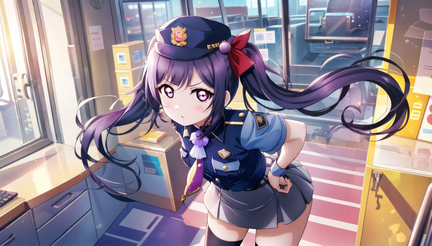1girl, standing, looking at viewer, hands on hips, from above
<lora:keqingGenshinImpact3in1_v10:0.5>keqing (genshin impact), hair bun, purple hair, (long twintails:1.2), purple eyes, diamond-shaped pupils, hair ornament, cone hair bun, long hair, double bun, bangs, bow, hair flower, hair bow, hair ribbon
policewoman, (police uniform, short sleeve, very short skirt, tight_skirt, office skirt, holding handcuffs:1.2)
<lora:lLAS_v10:0.8>