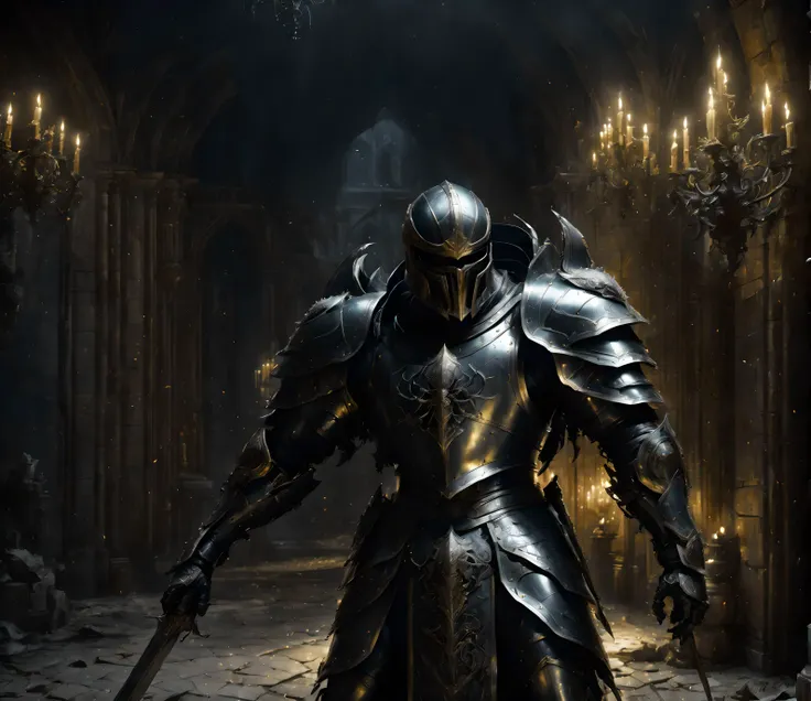 knight, dark metal armor, golden sword, holding with both hands, interior abandoned European castle, night time, staircase, fighting, giant spider crawling from doors, and windows, masterpiece, high quality, 80s Dark fantasty style, <lora:darkfantasystyle:0.8> drkfntasy , 8k, 4k, HD, detailed, realistic,