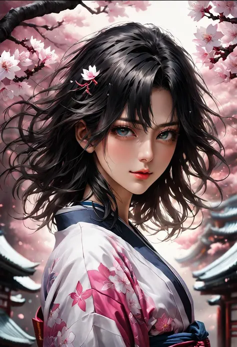 Captivating a niji style drkfntasy artwork, seductive and elegant Japanese woman, large eyes, highly detailed eyes, tomboy haircut, white hair, seductive smirking expression, while standing, flat stomach, wearing a sakura silk kimono, confident expression, bonsai garden background that adds depth to the scene, radiant mapping for an extra touch of realism and high contrast lighting to create drama, carefully crafted with attention to detail including the use of backlighting for added visual impact, style of Hiroshi Yoshida and Jay Anacleto, symmetrical eyes, <lora:darkfantasystyle:0.8>