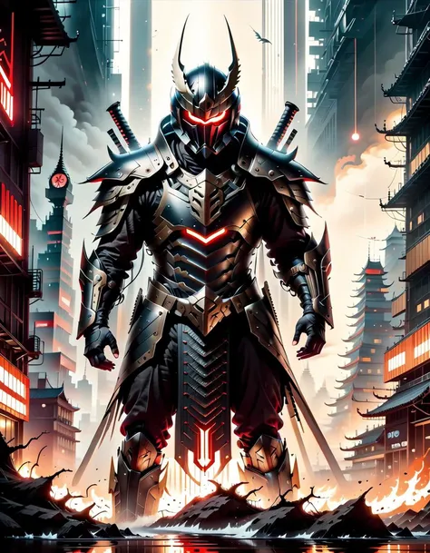 A stunning drkfntasy cyberpunk samurai adorned in traditional armor, riding a sleek flying motorcycle soars through a neon-lit cityscape at night, Buildings tower above, windows aglow, mastery of both modern machinery and ancient martial arts, emphasizing the convergence of past and present in this dystopian world, arresting image combines elements of science fiction action and Eastern culture to create an instantly recognizable motif that speaks volumes about the evolution of society and the role of individuals in shaping its destiny, <lora:darkfantasystyle:0.6>, <lora:Randommaxx_dark_offset_v1.1_lora_fp16:0.6>