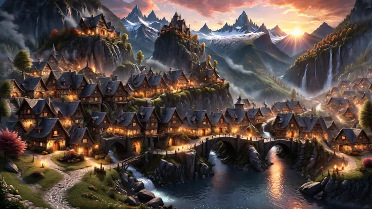 masterpiece, epic, cinematic, 16k, (photoreal, realistic), fantasy, fantasy middle age village with water streams and with one fantasy castle above village, torches illuminating streets, illumination also from indoors by fireplaces, houses around water streams, waterfall in the background, alpine with forest and foliage, mountains in the distance with glacier show hilltops, autumn weather right after dusk, gentle sunset colors, <lora:SDXL_Grass_texture_Sa_May:1> ,<lora:darkfantasystyle:0.5>, <lora:xl_more_art-full_v1:0.6>, <lora:- SDXL - letitflrsh_let_it_flourish_V1.0:0.75>