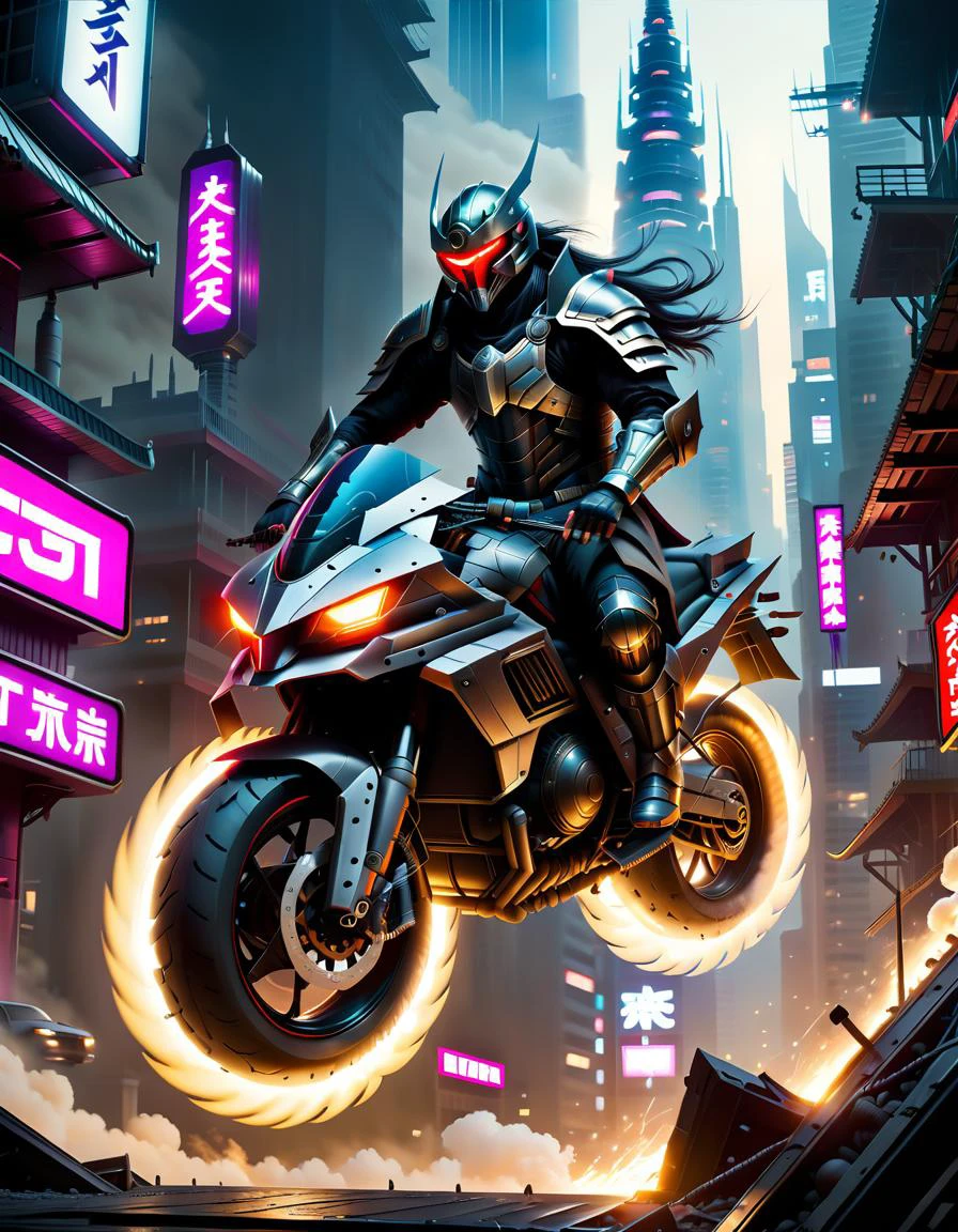 A stunning drkfntasy cyberpunk samurai adorned in traditional armor, riding a sleek flying motorcycle soars through a neon-lit cityscape at night, Buildings tower above, windows aglow, mastery of both modern machinery and ancient martial arts, emphasizing the convergence of past and present in this dystopian world, arresting image combines elements of science fiction action and Eastern culture to create an instantly recognizable motif that speaks volumes about the evolution of society and the role of individuals in shaping its destiny, <lora:darkfantasystyle:0.6>, <lora:Randommaxx_dark_offset_v1.1_lora_fp16:0.6>