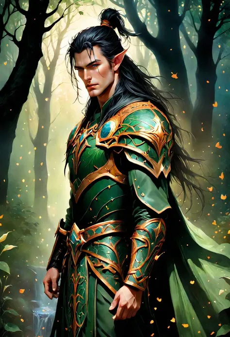 A majestic male elven warrior strides through an enchanted drkfntasy forest, cowboy shot, his powerful frame clad in intricately crafted leather armor bearing magical runes, His gaze sweeps across the verdant landscape teeming with life, towering trees sway gracefully under the weight of vibrant flora, The crisp morning air carries steam from the morning dew and, mingling harmoniously with the melodious songs of birdsong, as he moves deeper into the woods, his sharp ears pick up whispers of movement among the leaves â a warning sign that danger may soon follow, style of James Stokoe, <lora:darkfantasystyle:0.8>