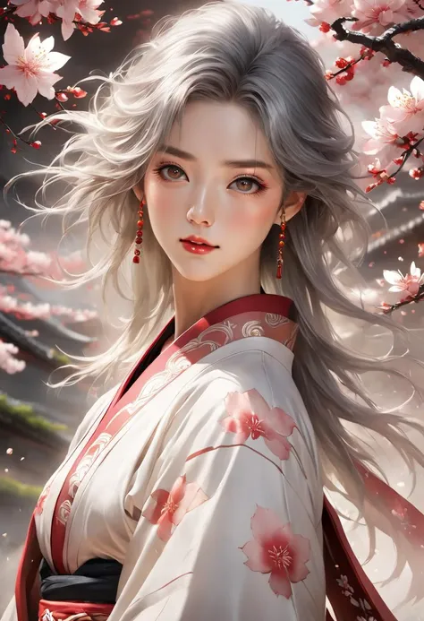 Captivating a niji style drkfntasy artwork, seductive and elegant Japanese woman, large eyes, highly detailed eyes, tomboy haircut, white hair, seductive smirking expression, while standing, flat stomach, wearing a sakura silk kimono, confident expression, bonsai garden background that adds depth to the scene, radiant mapping for an extra touch of realism and high contrast lighting to create drama, carefully crafted with attention to detail including the use of backlighting for added visual impact, style of Hiroshi Yoshida and Jay Anacleto, symmetrical eyes, <lora:darkfantasystyle:0.8>