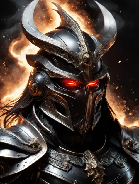 drkfntasy god evil emperor with horned helmet and glowing eyes,floating glowing particles,dissolving,16k,evil,cinematic,epic,masterpiece,awardwinning,trending on artstation,<lora:darkfantasystyle-step00000300:1>