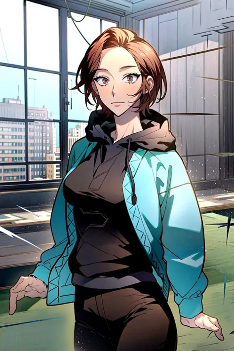 masterpiece, high quality, highres, best quality, beautiful face, perfect body, perfect anatomy, 1girl, solo, looking at viewer, baek hae yoon, 1girl, solo, short hair, brown hair, medium breasts, purple eyes, black shirt, (cyan hoodie), black pants, hood down, cowboy shot, <lora:BaekHaeYoon:1.1>,scenery, windows, open window, happy, closed mouth,