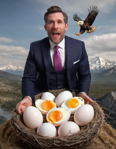 (1man legaleagle hatching from an egg in the nest of a giant eagle), wearing a suit, excited facial expression, absurdres, best quality, intricate details, hyperdetailed, 8k hdr, high detailed, lot of details, high quality, whimsical,
<lora:legaleagle_2:1>