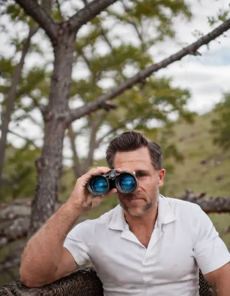 professional portrait photo of legaleagle, cinematic lighting, film still, movie still, legaleagle sitting on a tree branch high off the ground holding a pair of binoculars,
<lora:legaleagle:1>