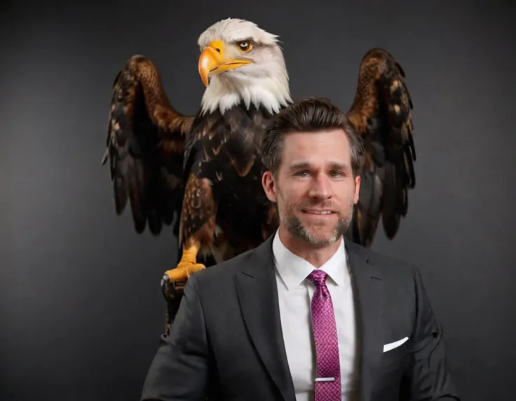 legaleagle wearing a suit excited facial expression standing arms crossed, giant eagle perched on his shoulder,(black background with the words "LEGAL EAGLE"), absurdres, best quality, intricate details, hyperdetailed, 8k hdr, high detailed, lot of details, high quality, commercial,
<lora:legaleagle_2:1>