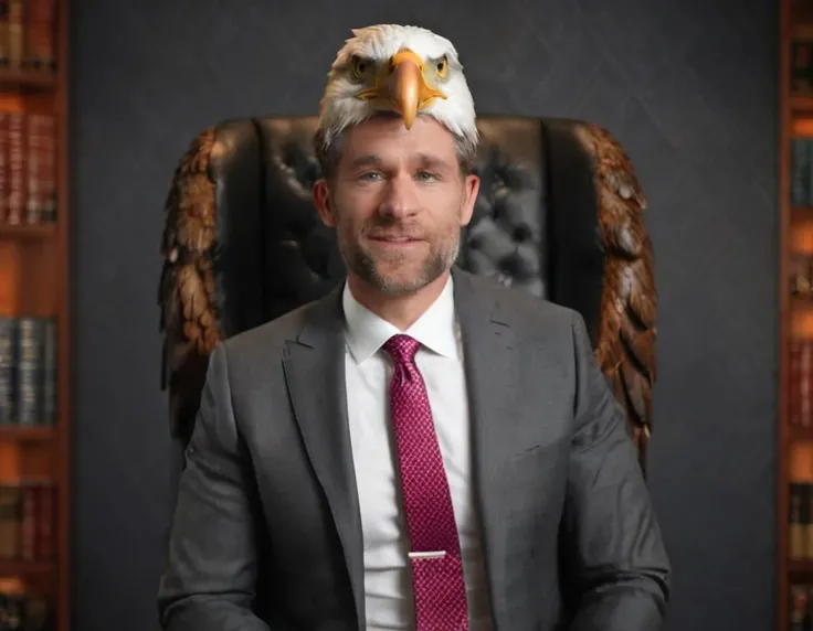 Full body legaleagle wearing a suit excited facial expression standing arms crossed, giant eagle perched on his shoulder,(black background with the words "LEGAL EAGLE"), absurdres, best quality, intricate details, hyperdetailed, 8k hdr, high detailed, lot of details, high quality, commercial,
<lora:legaleagle_2:1>