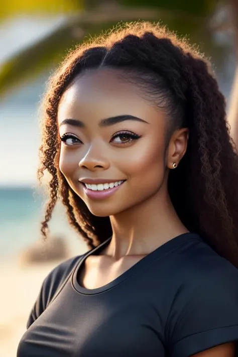 (sharp focus:1.2), photo, attractive skaijacks, (beautiful face:1.1), detailed eyes, luscious lips, (cat eye makeup:0.85), (big smile:1.2), wearing (tight tshirt:1.2) on a (beach:1.2). (moody lighting:1.2), depth of field, bokeh, 4K, HDR. by (James C. Christensen:1.2|Jeremy Lipking:1.1).