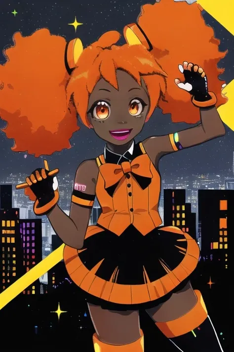 dark-skinned_female, lips, orange_lipstick, music_note, (vocaloid:1.2), microphone, promotional_art, text, black_skirt, thighhight_boots, afro_twintails, orange_hair, black_shirt, singing, orange_bowtie, fingerless_gloves, (chibi:.5), city, sparkles, orange_trim, open_mouth