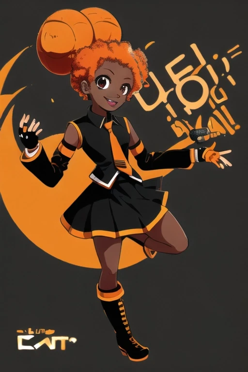 dark-skinned_female, lips, music_note, vocaloid, microphone, promotional_art, text, black_skirt, thighhight_boots, afro_bun, updo, orange_hair, black_shirt, singing, orange_necktie, fingerless_gloves, (chibi:.5)