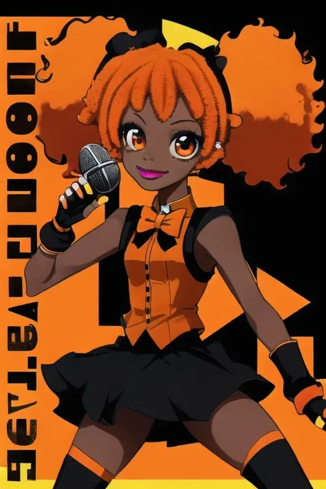 dark-skinned_female, lips, orange_lipstick, music_note, vocaloid, microphone, promotional_art, text, black_skirt, thighhight_boots, afro_twintails, orange_hair, black_shirt, singing, orange_bowtie, fingerless_gloves, (chibi:.5), jazz, funk, orange_trim