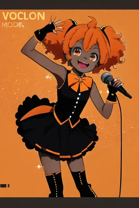 dark-skinned_female, orange_lips, music_note, (vocaloid:1.2), microphone, promotional_art, text, black_skirt, thighhight_boots, afro_twintails, orange_hair, black_shirt, singing, orange_bowtie, fingerless_gloves, (chibi:.5), (city:.5), sparkles, orange_trim, open_mouth