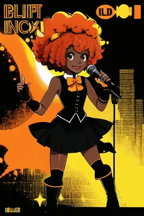 dark-skinned_female, lips, music_note, vocaloid, microphone, promotional_art, text, black_skirt, thighhight_boots, afro_updo, orange_hair, black_shirt, singing, orange_bowtie, fingerless_gloves, (chibi:.5)