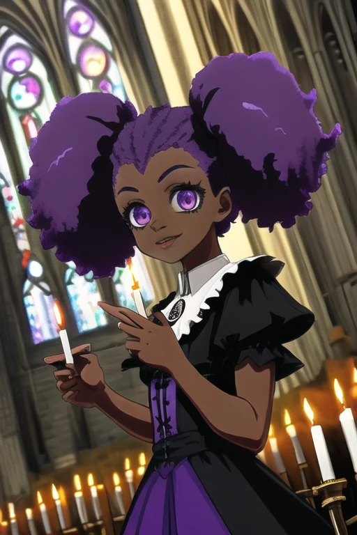 dark-skinned_female, goth, gown, afro_twintails, purple_hair, cathedral, interior, candles, magic, casting_spell, dutch_angle, lips