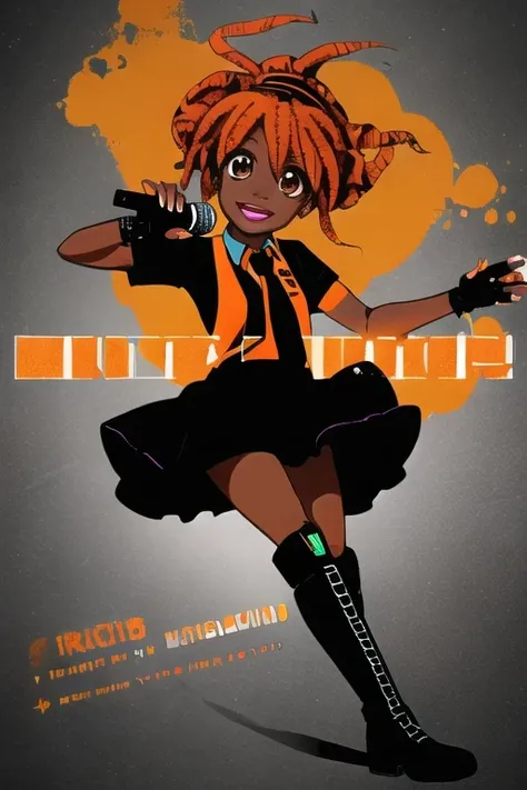dark-skinned_female, lips, music_note, vocaloid, microphone, promotional_art, text, black_skirt, thighhight_boots, dreadlocks, updo, orange_hair, black_shirt, singing, orange_necktie, fingerless_gloves, (chibi:.5)