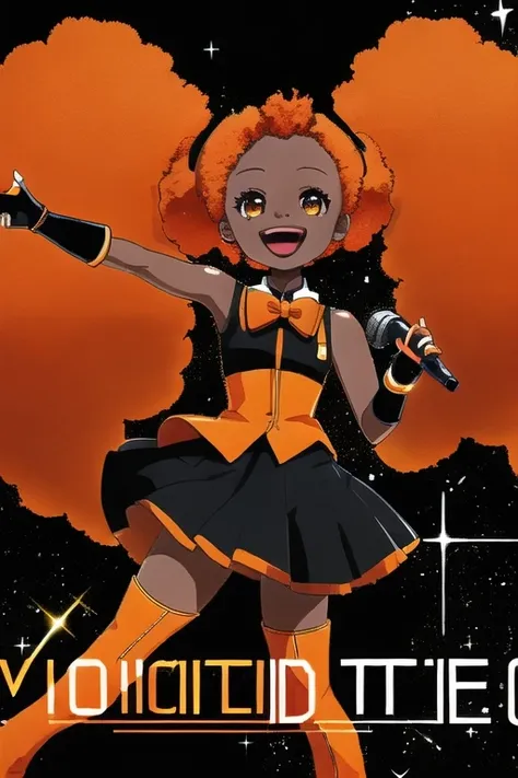 dark-skinned_female, orange_lips, music_note, (vocaloid:1.2), microphone, promotional_art, text, black_skirt, thighhight_boots, afro_twintails, orange_hair, black_shirt, singing, orange_bowtie, fingerless_gloves, (chibi:.5), (city:.5), sparkles, orange_trim, open_mouth